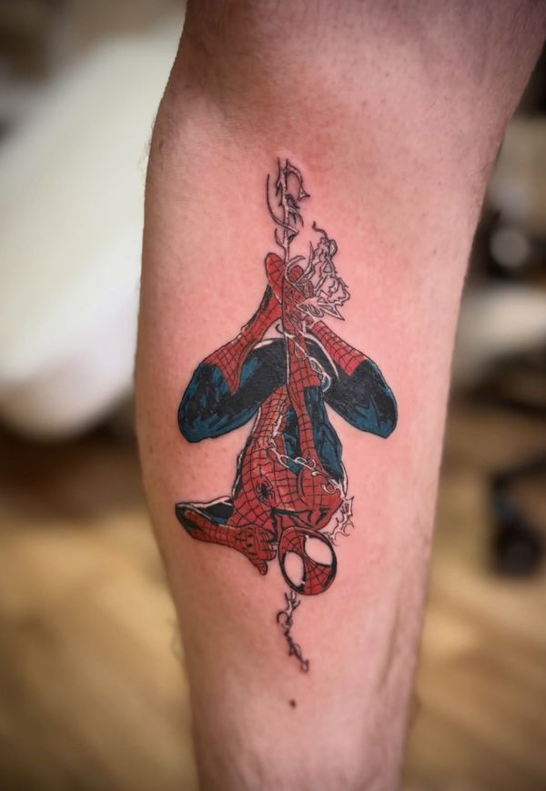 Spiderman tattoo by LoLo, on the calf