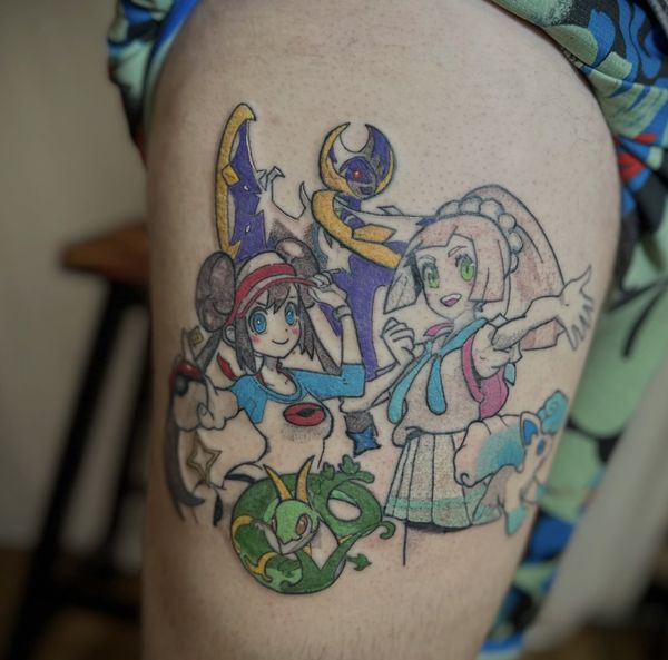 Pokemon Trainers tattoo by LoLo, on the thigh