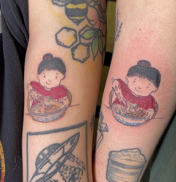 Storybook sibling tattoo tattoo by LoLo, on the forearms