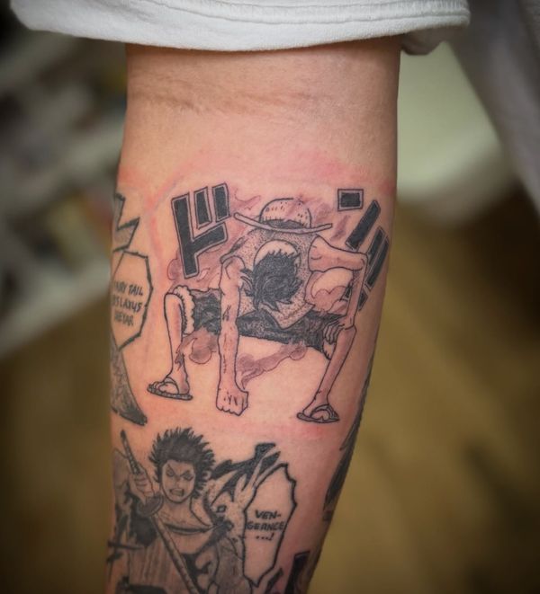 One Piece panel tattoo by LoLo, on the forearm