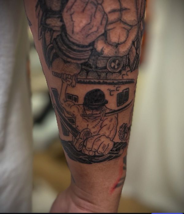 One piece panel tattoo by LoLo, on the forearm