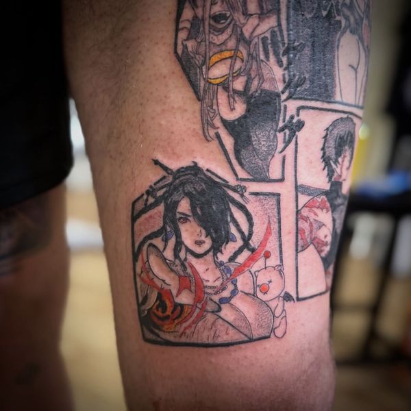Final Fantasy panel tattoo by LoLo, on the thigh
