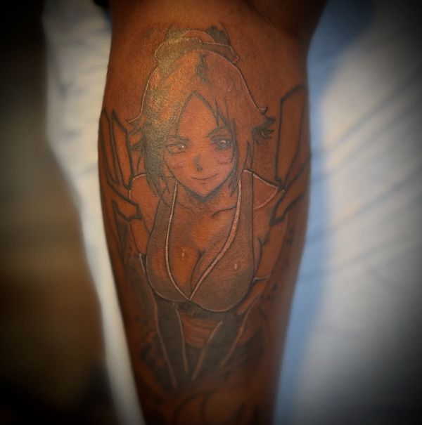 Yoruichi portrait tattoo by LoLo, on the calf