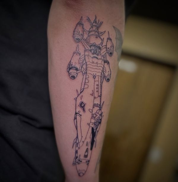 Mecha Panel tattoo by LoLo, on the forearm