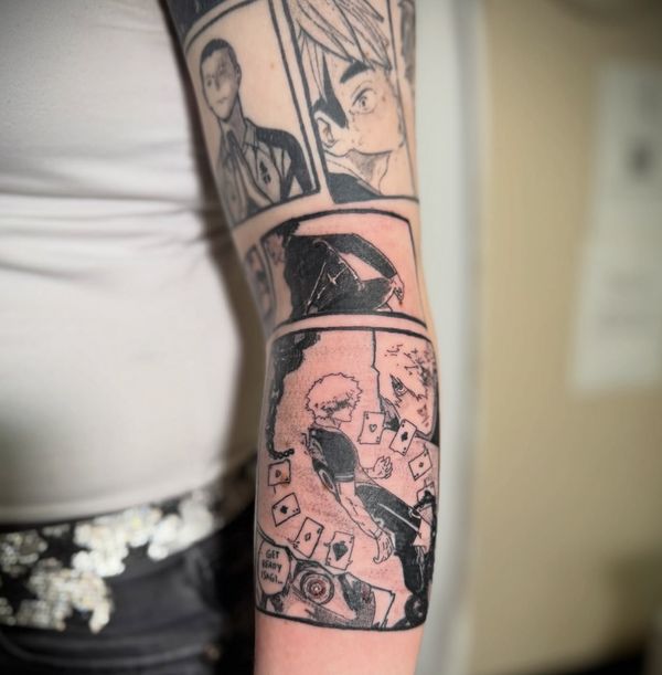 Manga sleeve tattoo by LoLo, on the arm