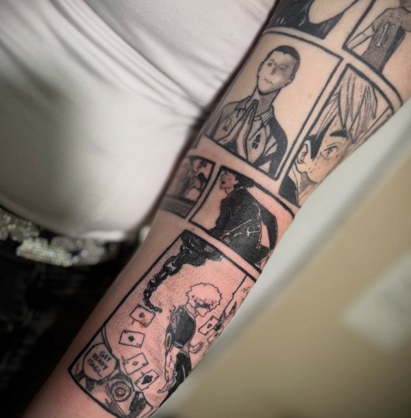 Manga sleeve tattoo by LoLo, on the arm