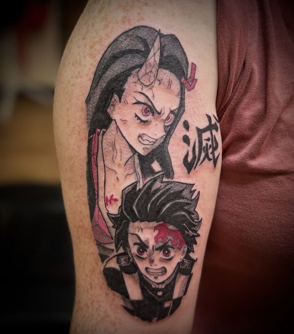 Tanjiro x Nezuko portrait tattoo by LoLo, on the upper arm