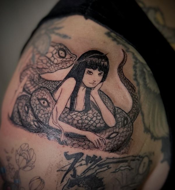 Junji Ito tattoo by LoLo, on the thigh