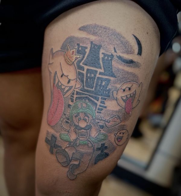 Luigi's Mansion tattoo by LoLo, on the thigh
