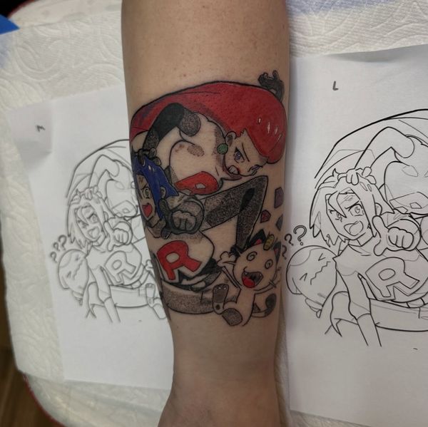 Jessie and James portrait tattoo by LoLo, on the forearm
