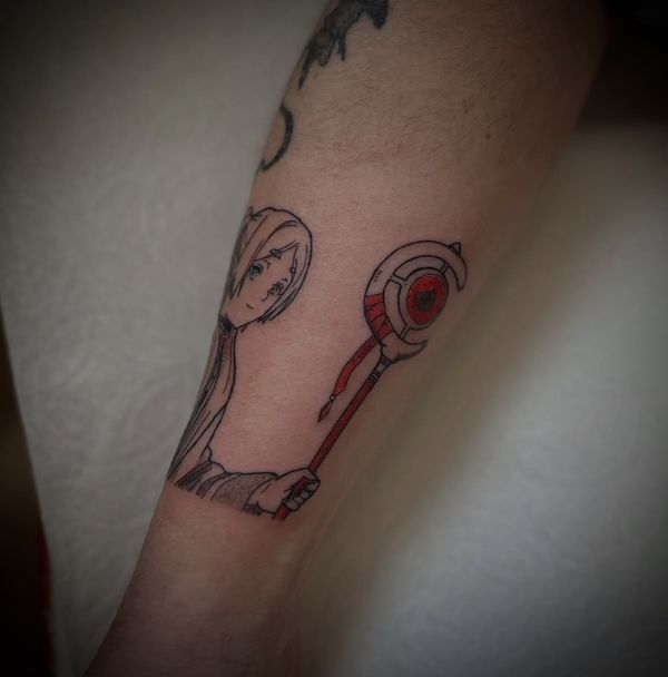 Frieren flash tattoo by LoLo, on the forearm