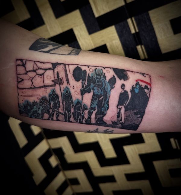 Solo Leveling Panel tattoo by LoLo, on the forearm