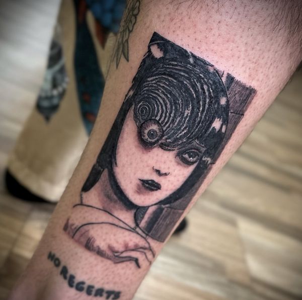 Junji Ito Uzumaki tattoo by LoLo, on the forearm