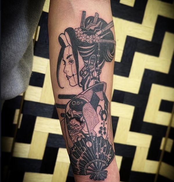 Japanese Cyber Geisha custom tattoo by LoLo, on the forearm