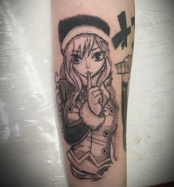 Fairy Tail portrait tattoo by LoLo, on the forearm