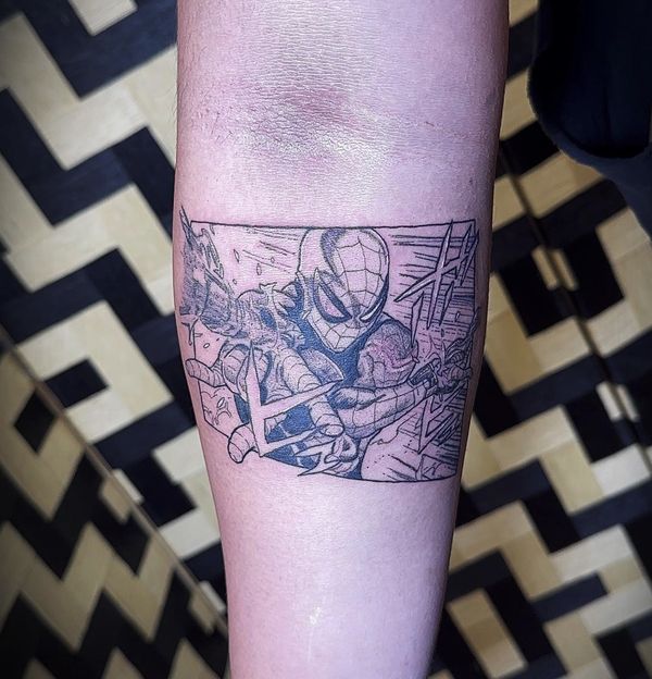 Spiderman panel tattoo by LoLo, on the forearm